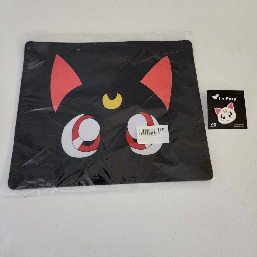TeeFury Sailor Moon Artemis Enamel Pin Limited Edition‎ #223 & Cat Mouse Pad